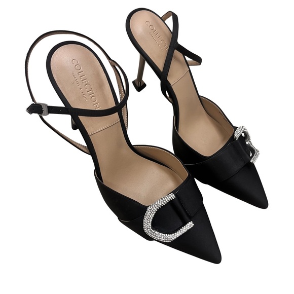 GORGEOUS! Charles and Keith Satin Black Crystal Buckle Slingback Heels - Size 39 - Picture 6 of 8